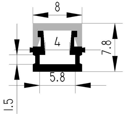 फ्लश माउंट एल्युमिनियम एलईडी एक्सट्रूज़न चैनल 8x7.8mm डबल-एनोडाइज्ड के साथ